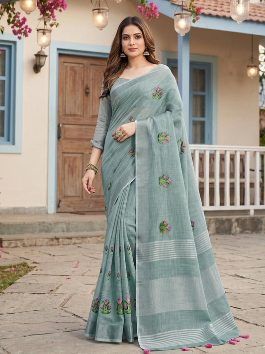 Green Linen Stripe N Floral Saree | EZB SI04 SRAMY24002 - EZBER