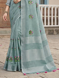 Green Linen Stripe N Floral Saree | EZB SI04 SRAMY24002 - EZBER
