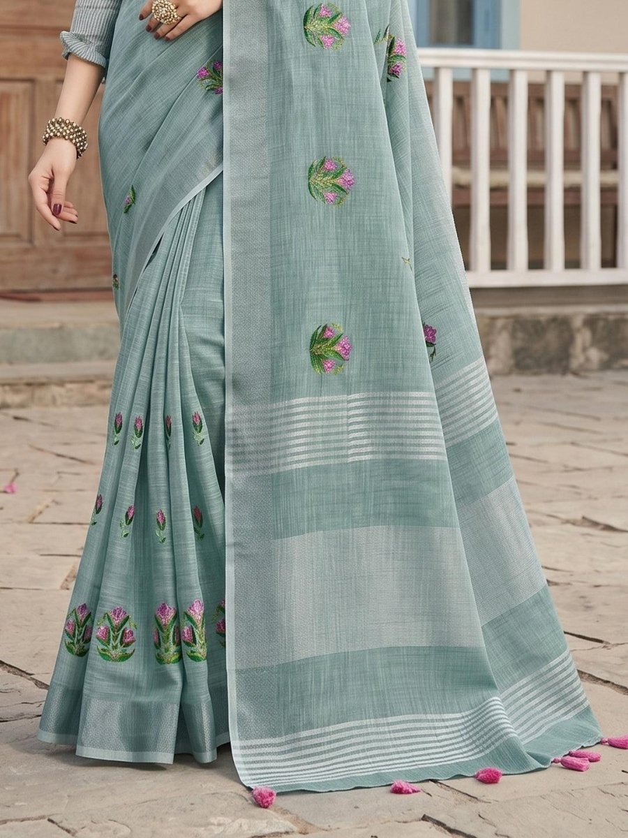 Green Linen Stripe N Floral Saree | EZB SI04 SRAMY24002 - EZBER