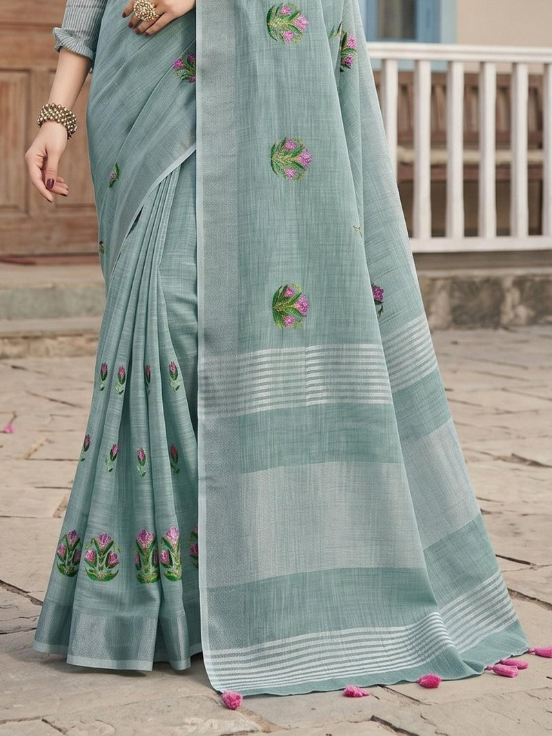 Green Linen Stripe N Floral Saree | EZB SI04 SRAMY24002 - EZBER