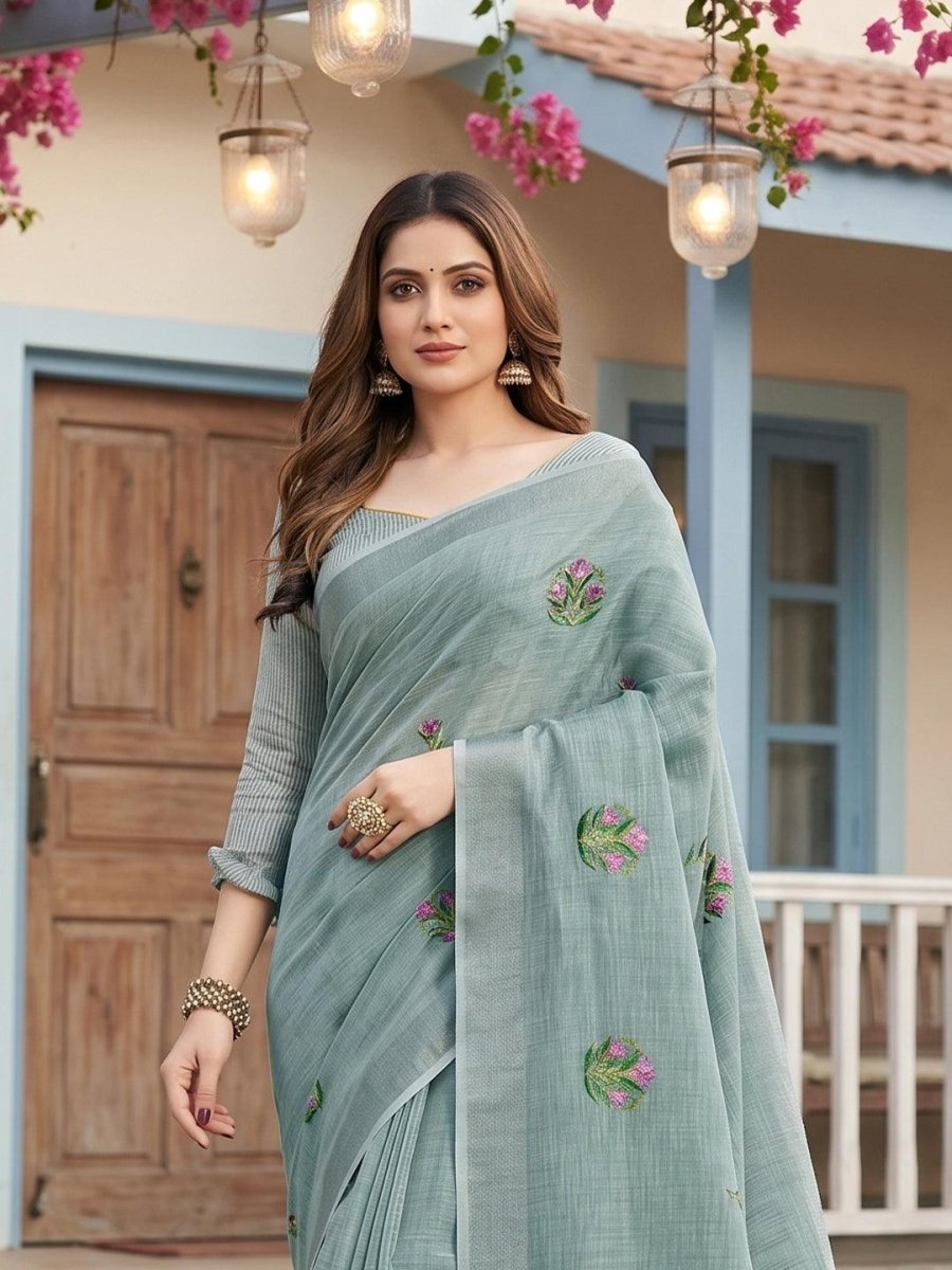 Green Linen Stripe N Floral Saree | EZB SI04 SRAMY24002 - EZBER