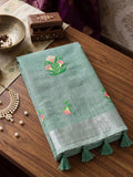 Green Linen Stripe N Floral Saree | EZB SI04 SRAMY24002 - EZBER