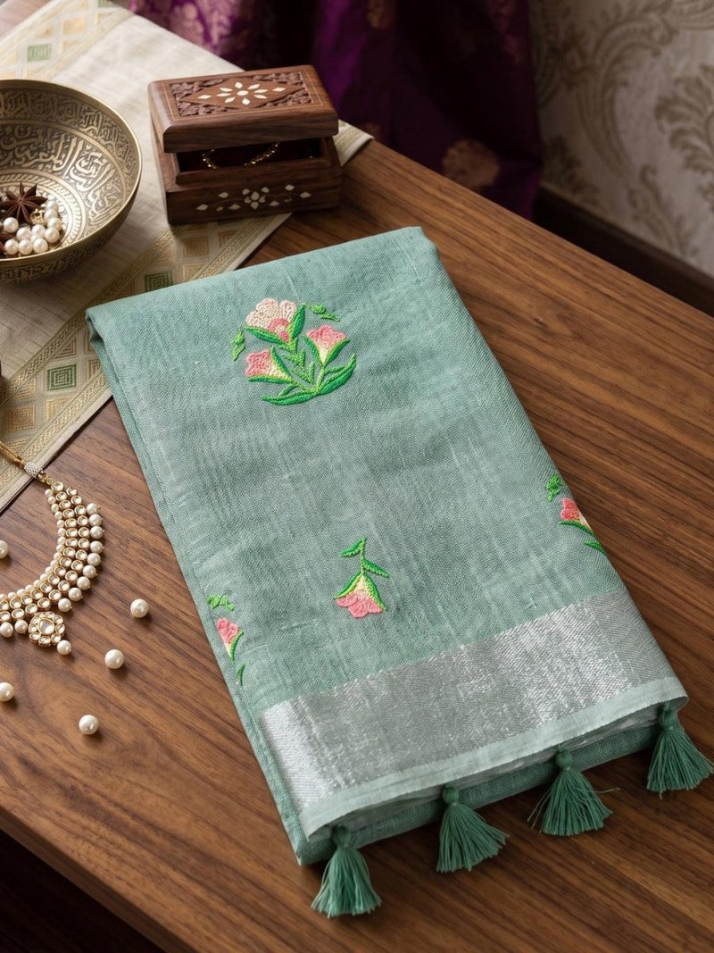 Green Linen Stripe N Floral Saree | EZB SI04 SRAMY24002 - EZBER