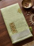 Green Linen Stripe N Floral Saree | EZB SI04 SRAMY24005 - EZBER