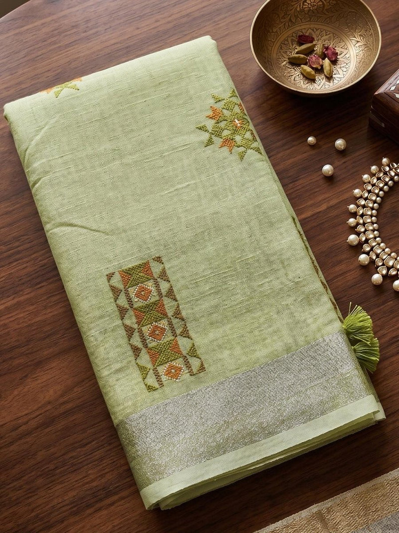 Green Linen Stripe N Floral Saree | EZB SI04 SRAMY24005 - EZBER