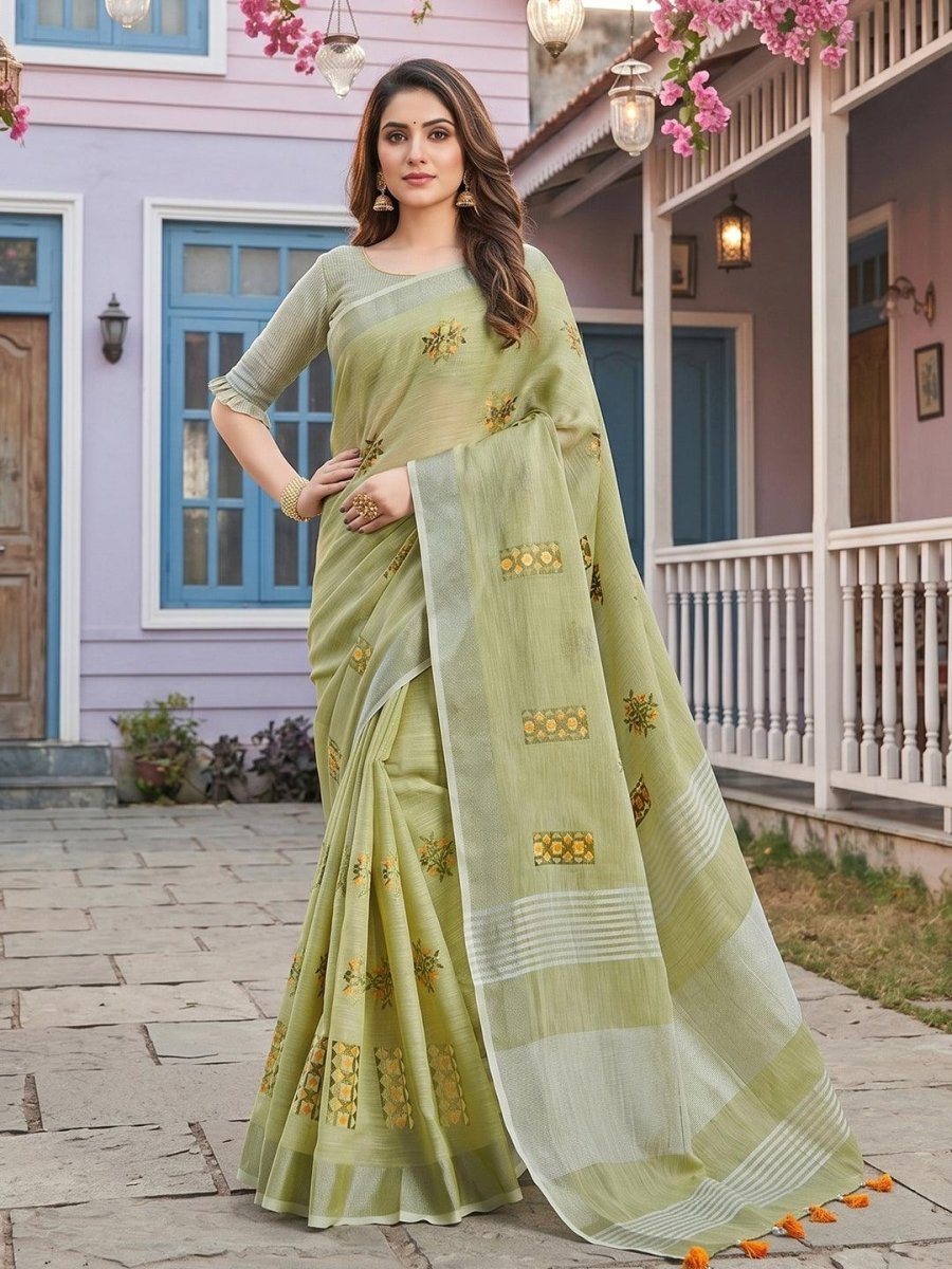 Green Linen Stripe N Floral Saree | EZB SI04 SRAMY24005 - EZBER