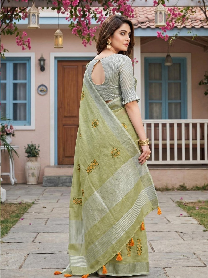 Green Linen Stripe N Floral Saree | EZB SI04 SRAMY24005 - EZBER