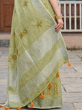 Green Linen Stripe N Floral Saree | EZB SI04 SRAMY24005 - EZBER