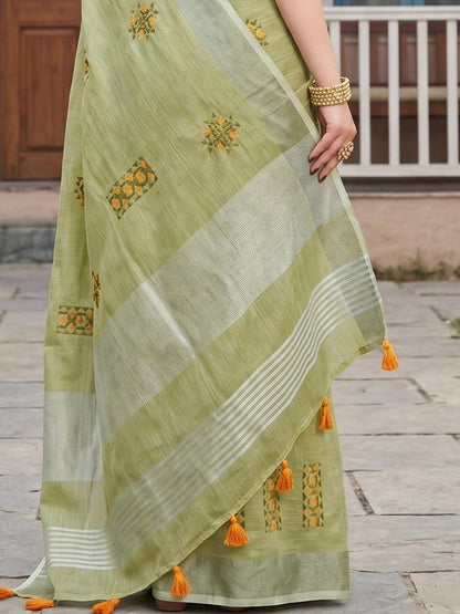 Green Linen Stripe N Floral Saree | EZB SI04 SRAMY24005 - EZBER