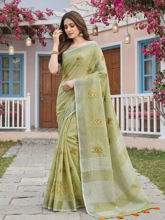 Green Linen Stripe N Floral Saree | EZB SI04 SRAMY24005 - EZBER