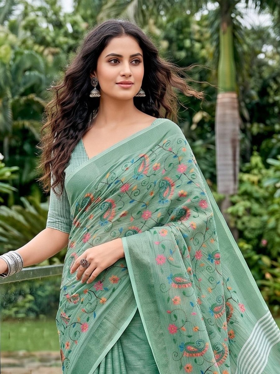 Green Linen Stripe N Floral Saree | EZB SI04 SRKSS1004 - EZBER