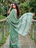 Green Linen Stripe N Floral Saree | EZB SI04 SRKSS1004 - EZBER