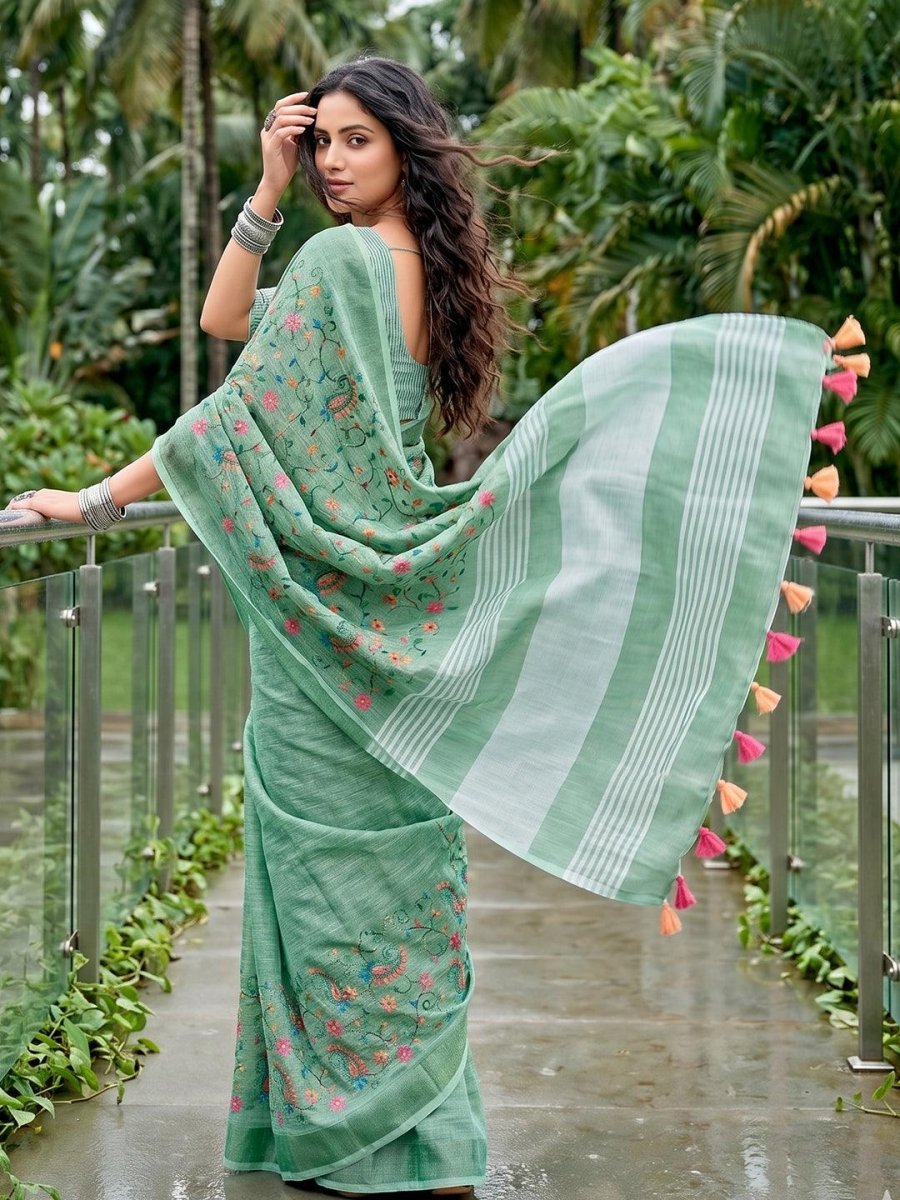 Green Linen Stripe N Floral Saree | EZB SI04 SRKSS1004 - EZBER
