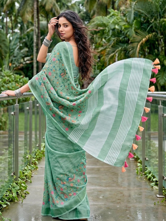 Green Linen Stripe N Floral Saree | EZB SI04 SRKSS1004 - EZBER