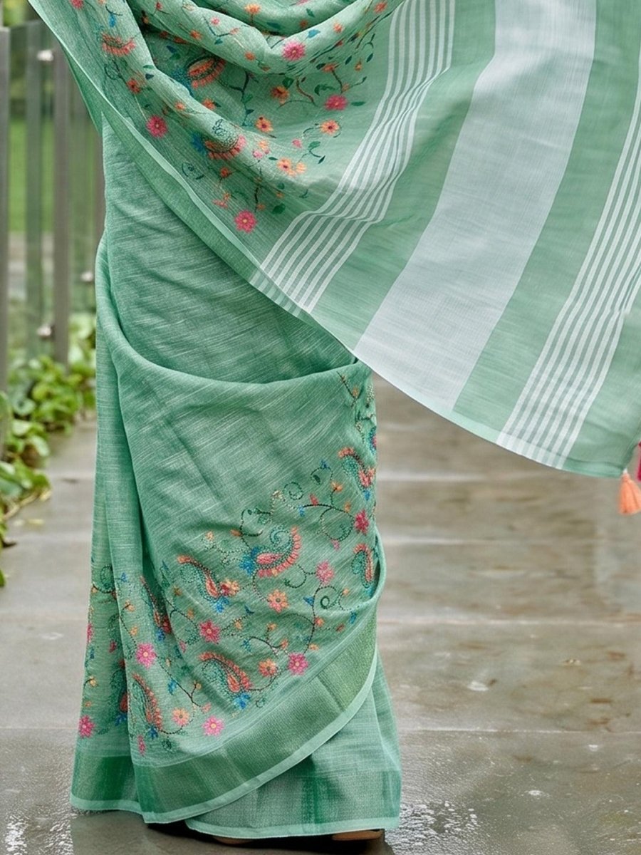 Green Linen Stripe N Floral Saree | EZB SI04 SRKSS1004 - EZBER