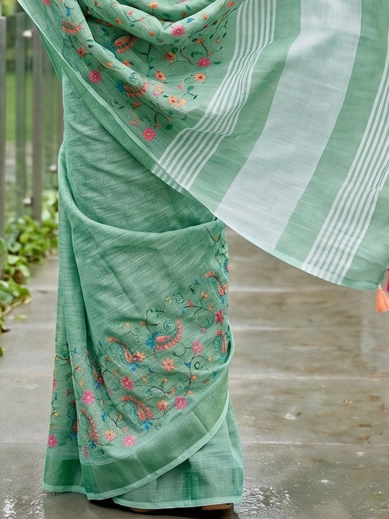 Green Linen Stripe N Floral Saree | EZB SI04 SRKSS1004 - EZBER