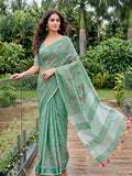 Green Linen Stripe N Floral Saree | EZB SI04 SRKSS1004 - EZBER