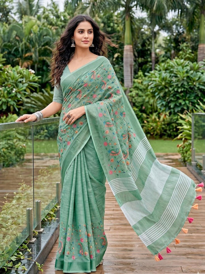 Green Linen Stripe N Floral Saree | EZB SI04 SRKSS1004 - EZBER