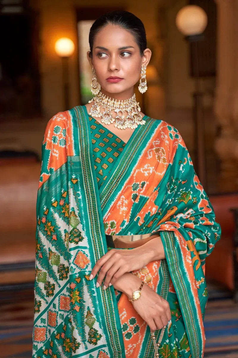 Green Orange Dual Tone Patola Saree - EZBER