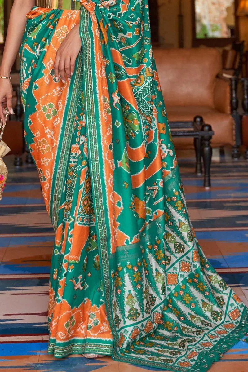 Green Orange Dual Tone Patola Saree - EZBER