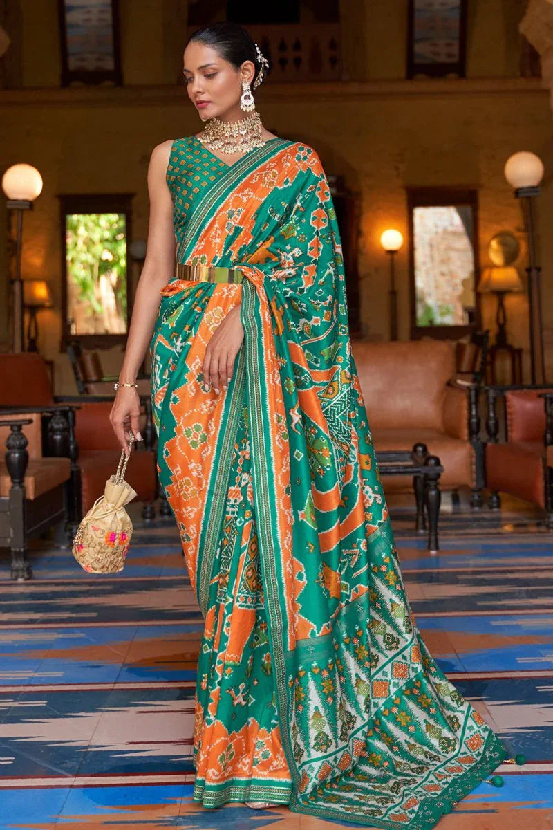 Green Orange Dual Tone Patola Saree - EZBER