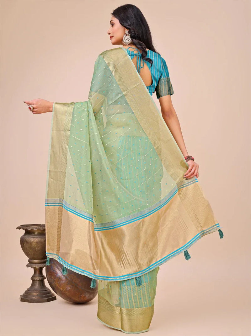 Green Organza Saree With Blouse Piece - EZBER