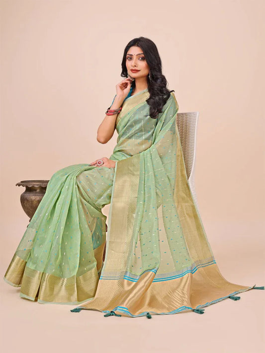 Green Organza Saree With Blouse Piece - EZBER