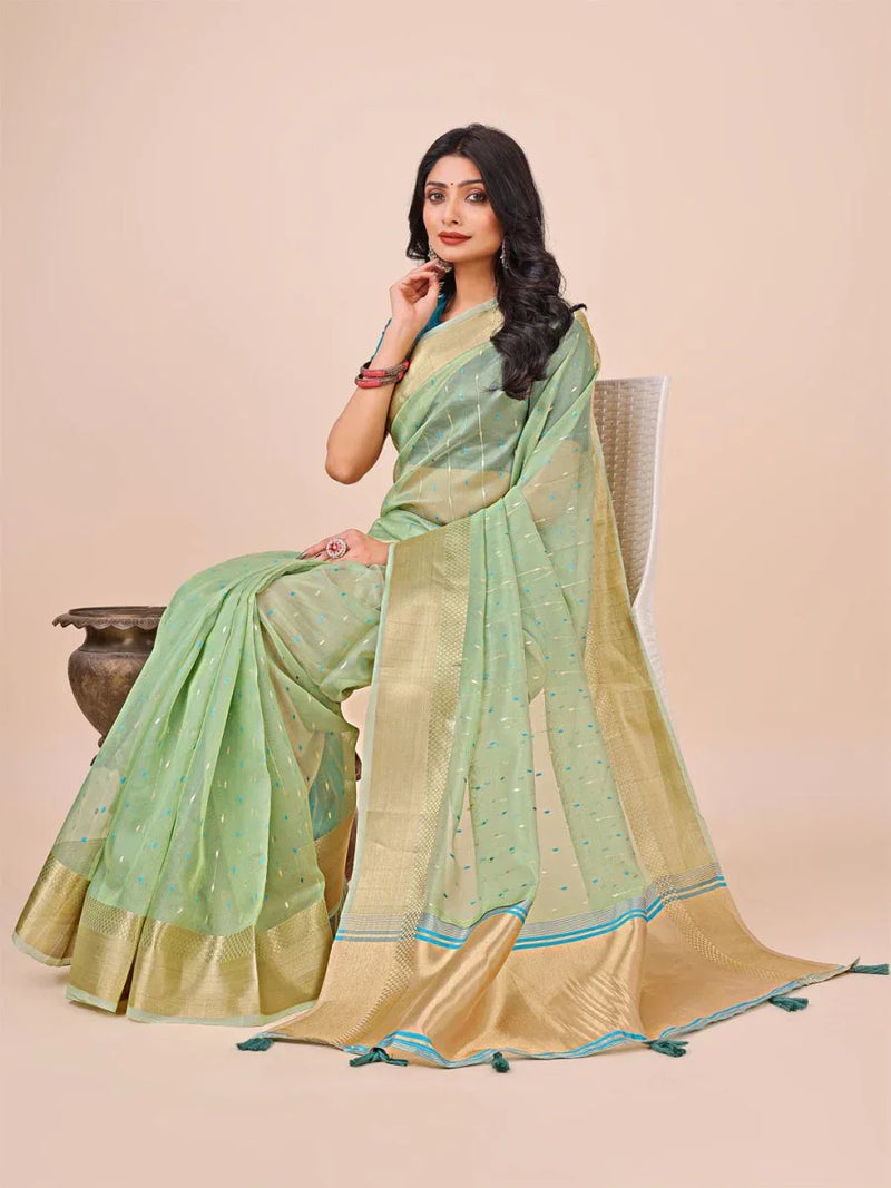 Green Organza Saree With Blouse Piece - EZBER