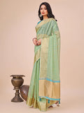 Green Organza Saree With Blouse Piece - EZBER
