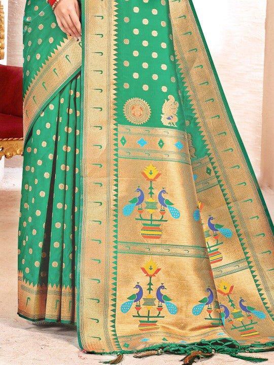Green Paithani Silk Saree With Blouse Piece - EZBER