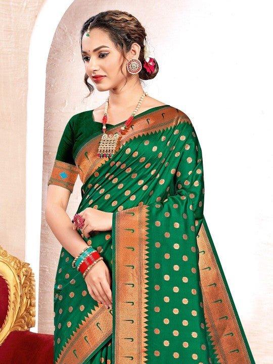 Green Paithani Silk Saree With Blouse Piece - EZBER
