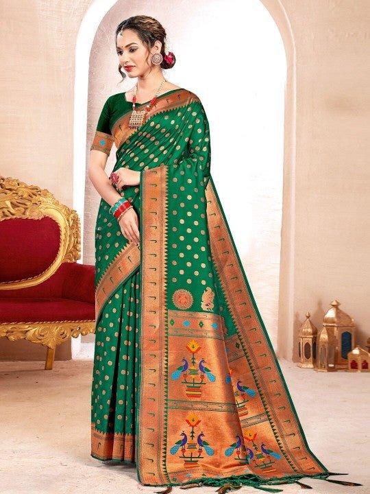 Green Paithani Silk Saree With Blouse Piece - EZBER