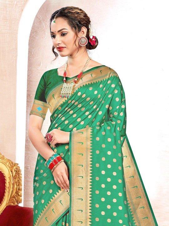 Green Paithani Silk Saree With Blouse Piece - EZBER