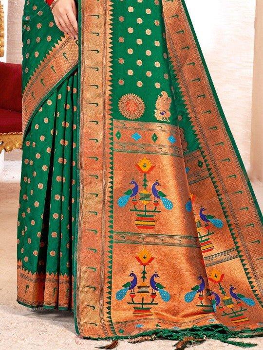 Green Paithani Silk Saree With Blouse Piece - EZBER