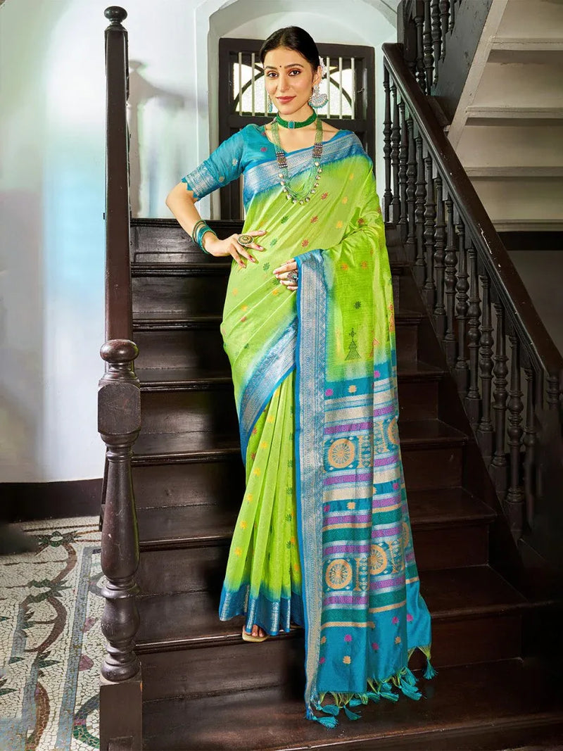 Green Raw Silk Festive Wear Saree With Blouse Piece - EZBER