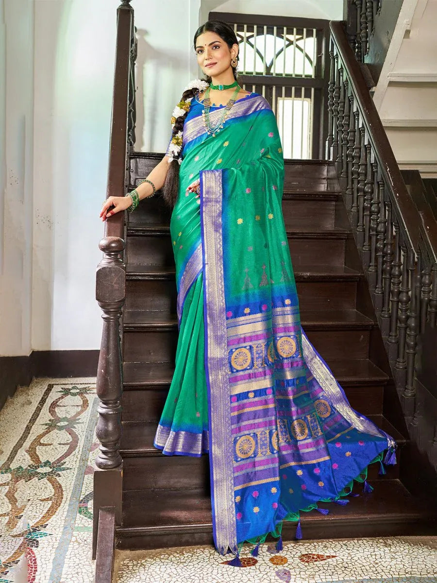 Green Raw Silk Festive Wear Saree With Blouse Piece - EZBER