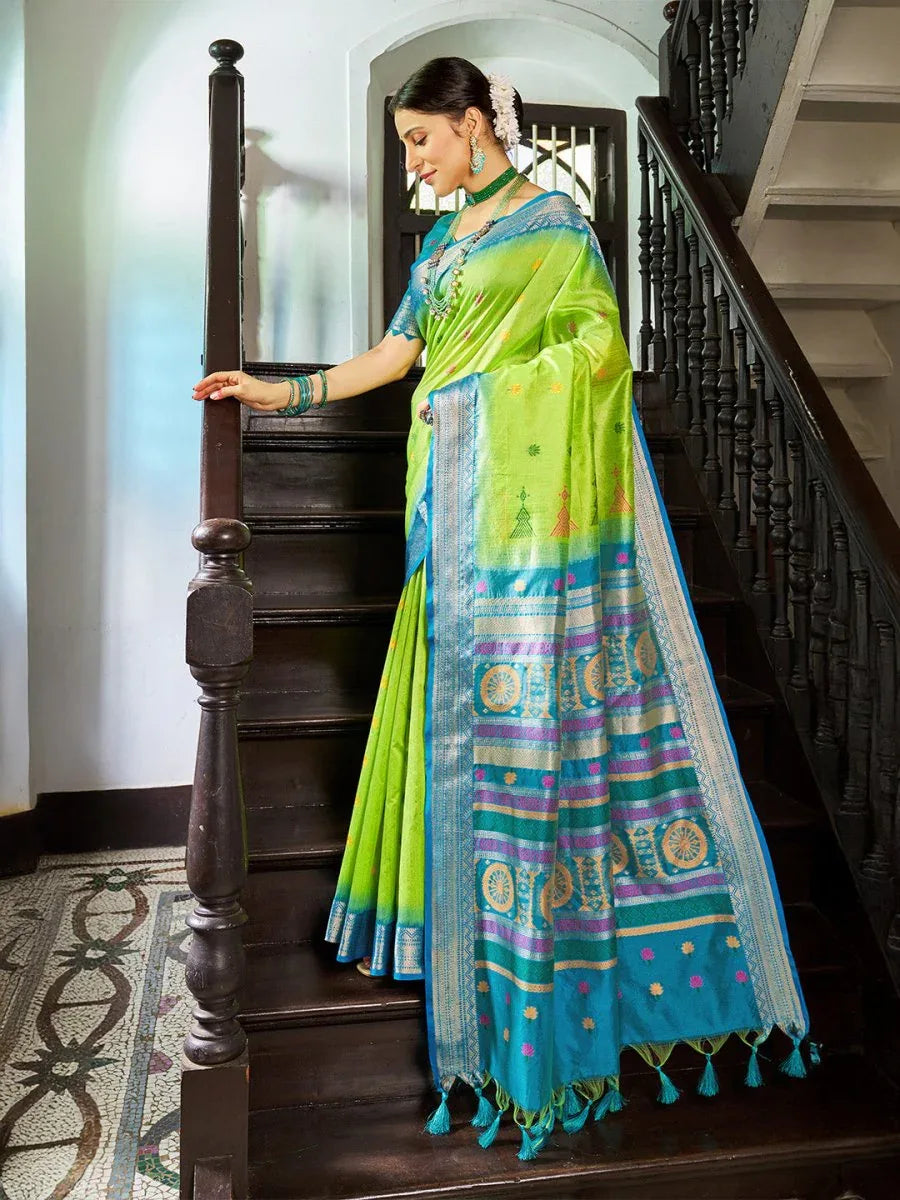 Green Raw Silk Festive Wear Saree With Blouse Piece - EZBER