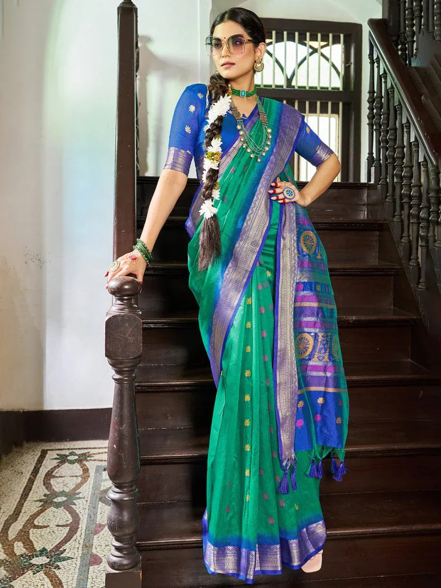 Green Raw Silk Festive Wear Saree With Blouse Piece - EZBER