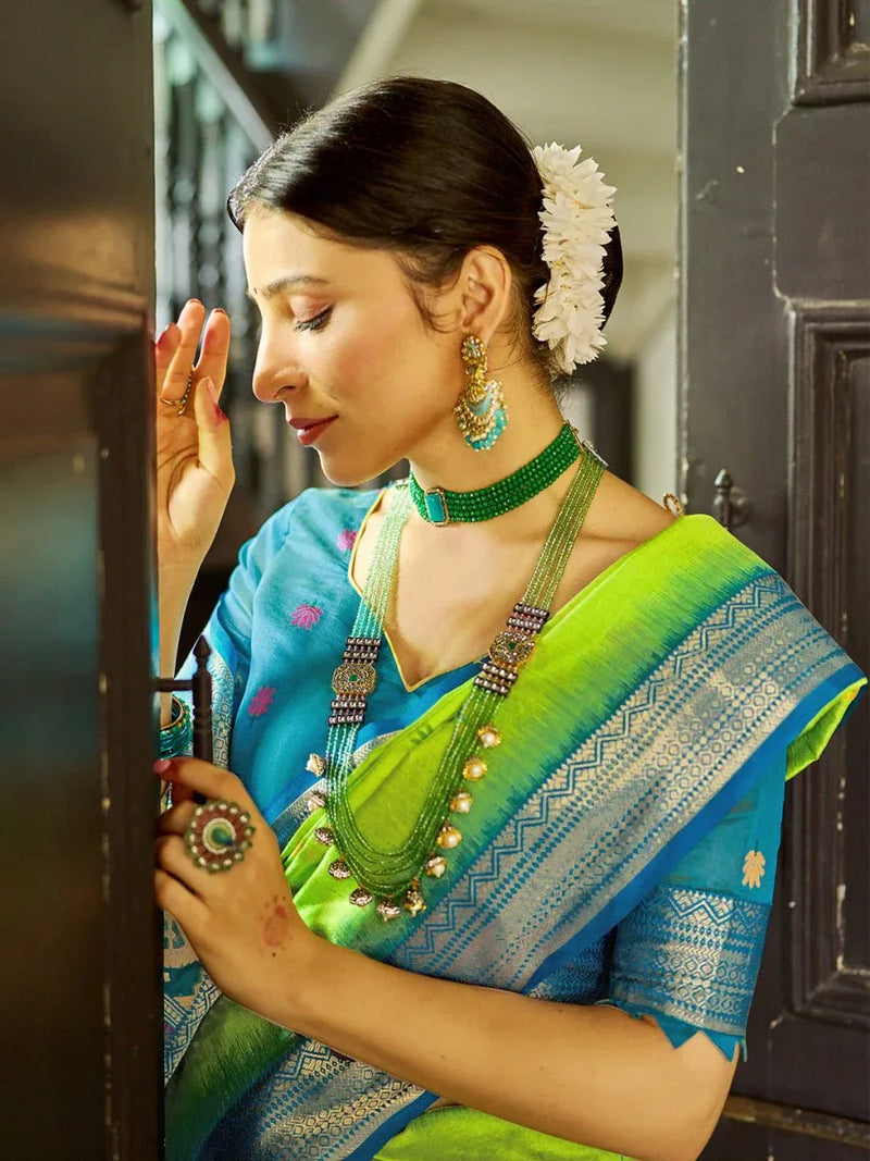 Green Raw Silk Festive Wear Saree With Blouse Piece - EZBER