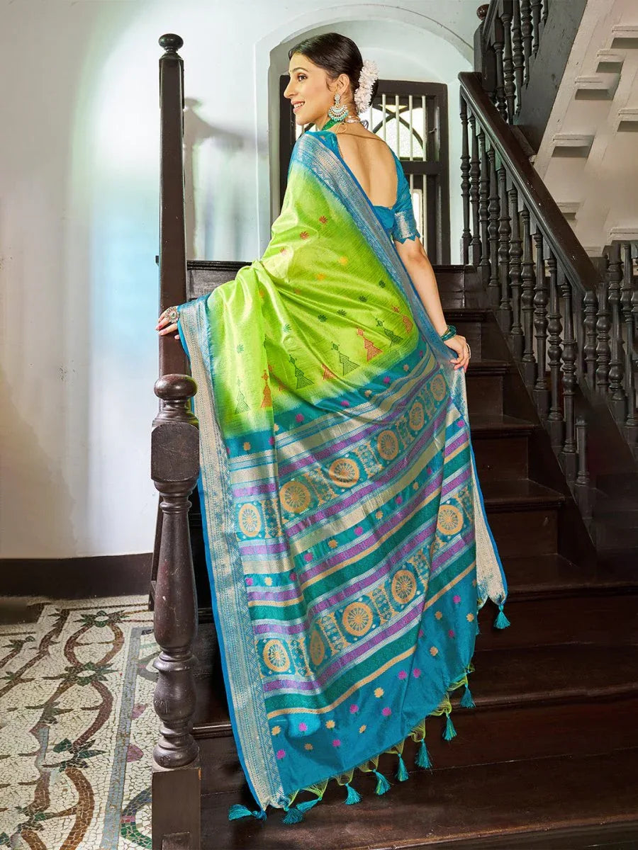 Green Raw Silk Festive Wear Saree With Blouse Piece - EZBER