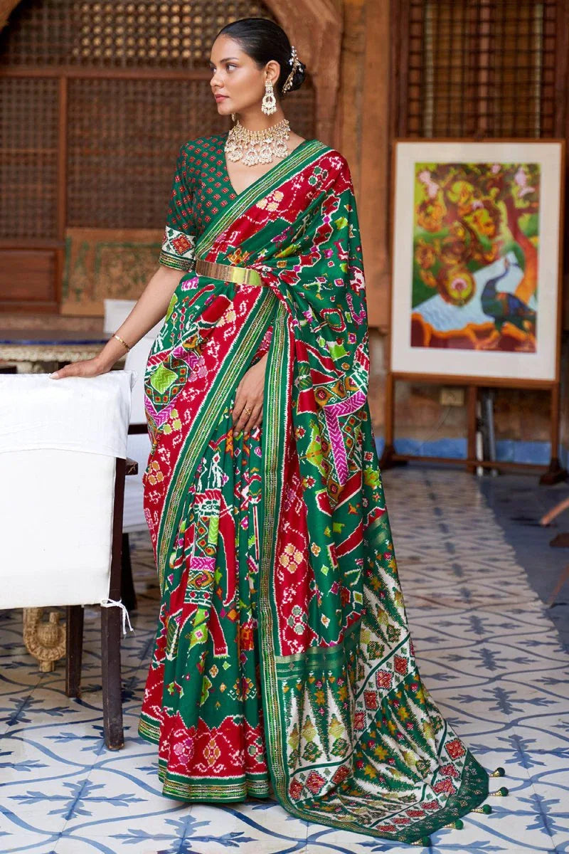 Green Red Dual Tone Patola Saree - EZBER