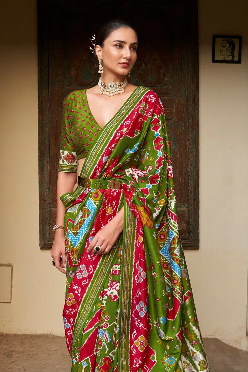 Green Red Dual Tone Patola Saree - EZBER