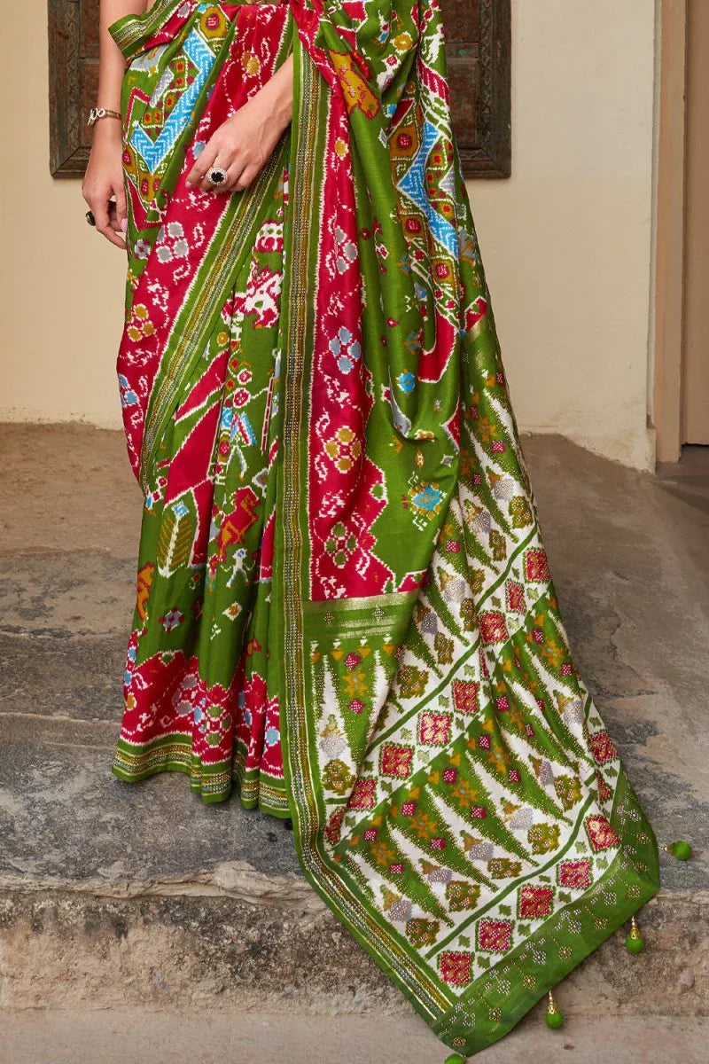 Green Red Dual Tone Patola Saree - EZBER