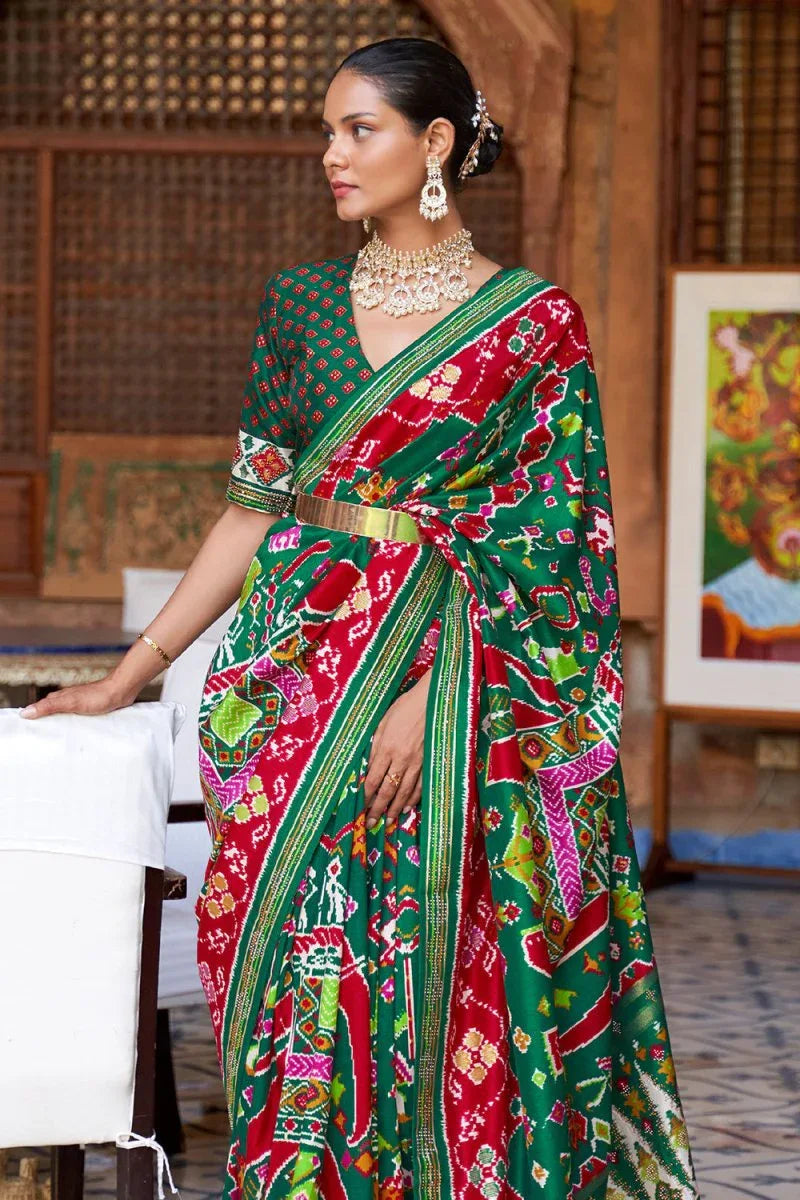 Green Red Dual Tone Patola Saree - EZBER