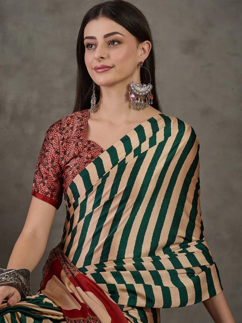 Green Semi Modal Saree With Blouse Piece - EZBER