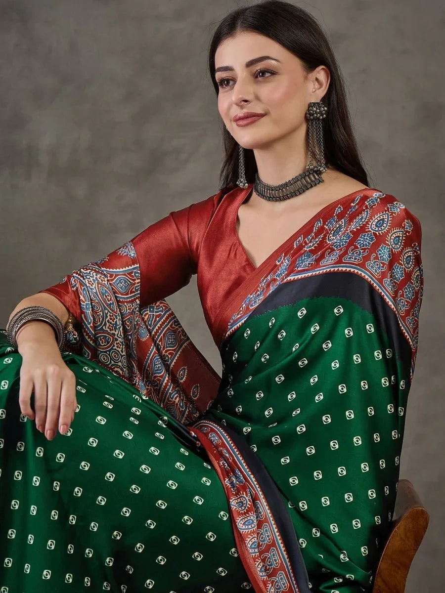 Green Semi Modal Saree With Blouse Piece - EZBER