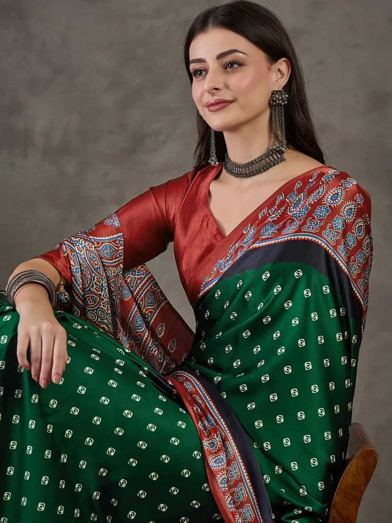 Green Semi Modal Saree With Blouse Piece - EZBER