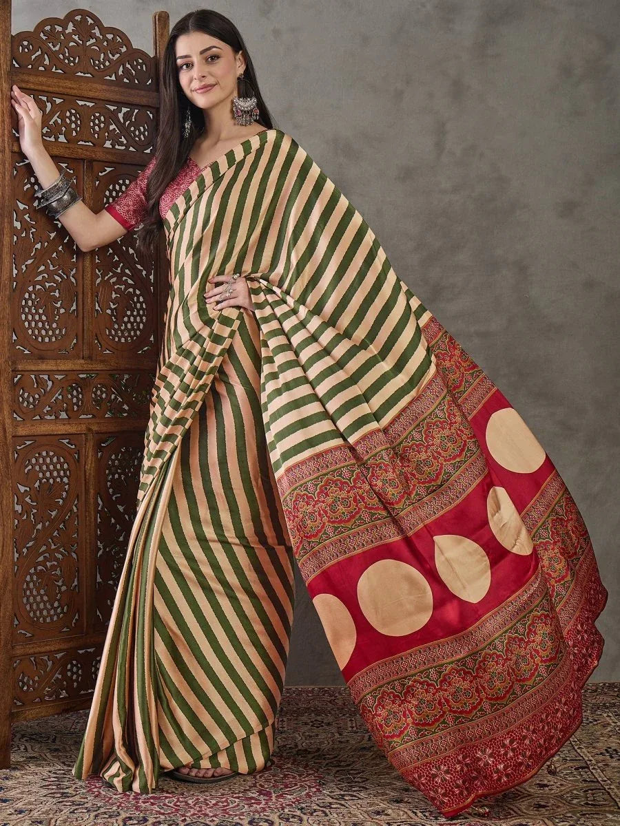 Green Semi Modal Saree With Blouse Piece - EZBER