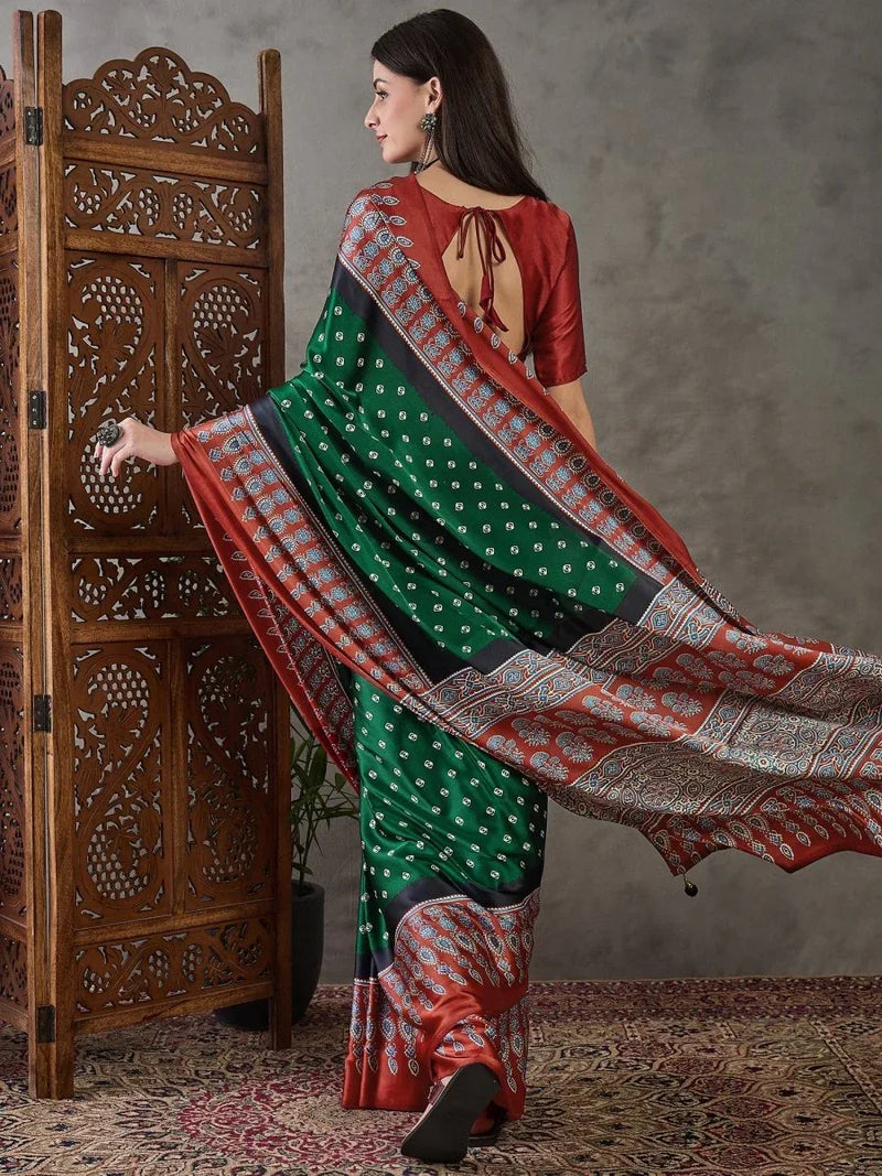 Green Semi Modal Saree With Blouse Piece - EZBER