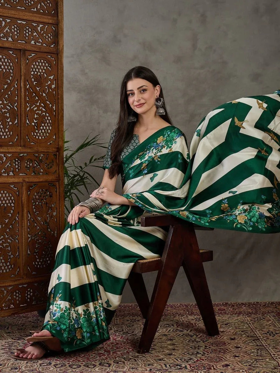 Green Semi Modal Saree With Blouse Piece - EZBER